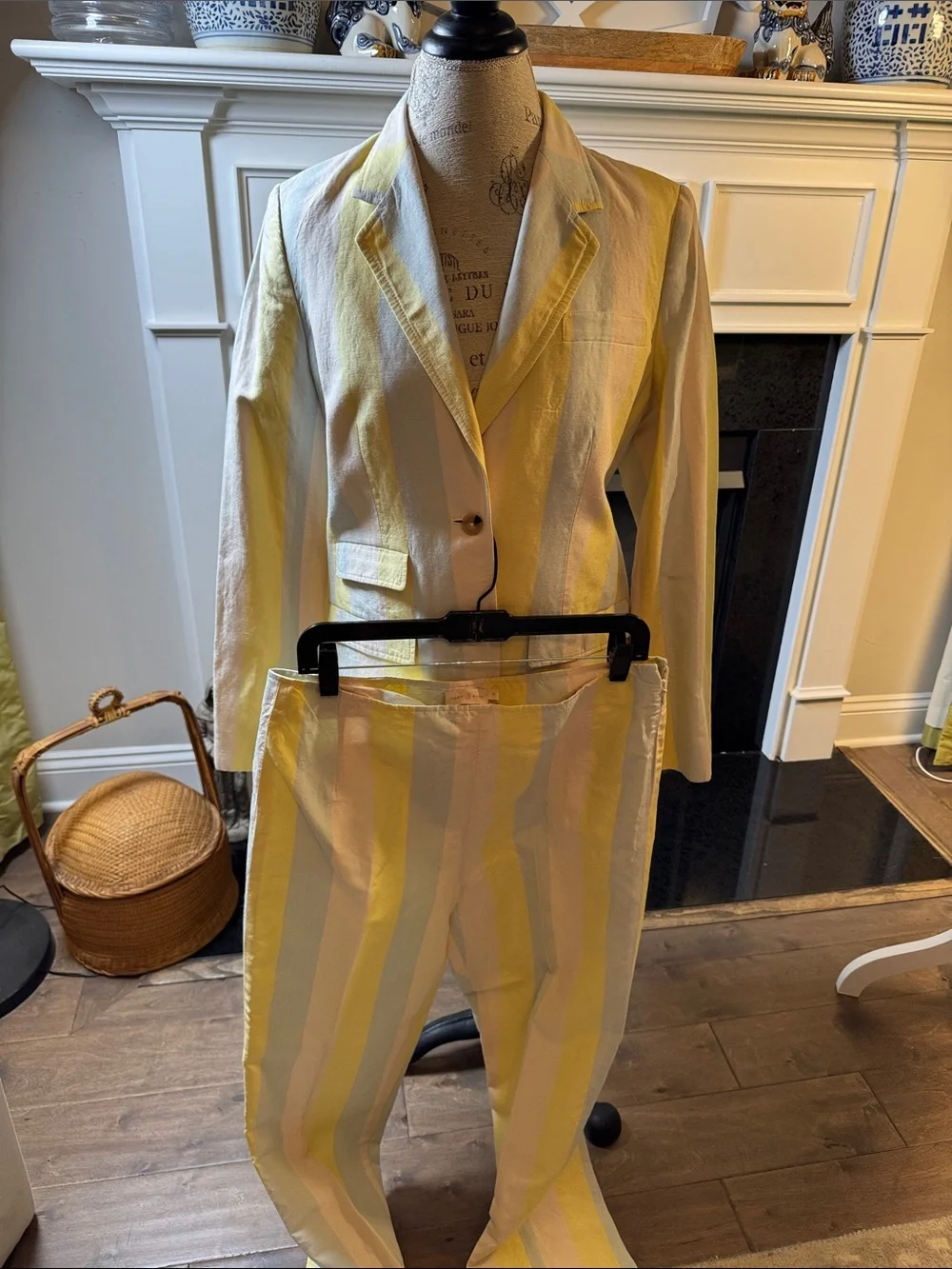 Tory Burch Yellow, White and Pale Blue Striped Pants and Blazer